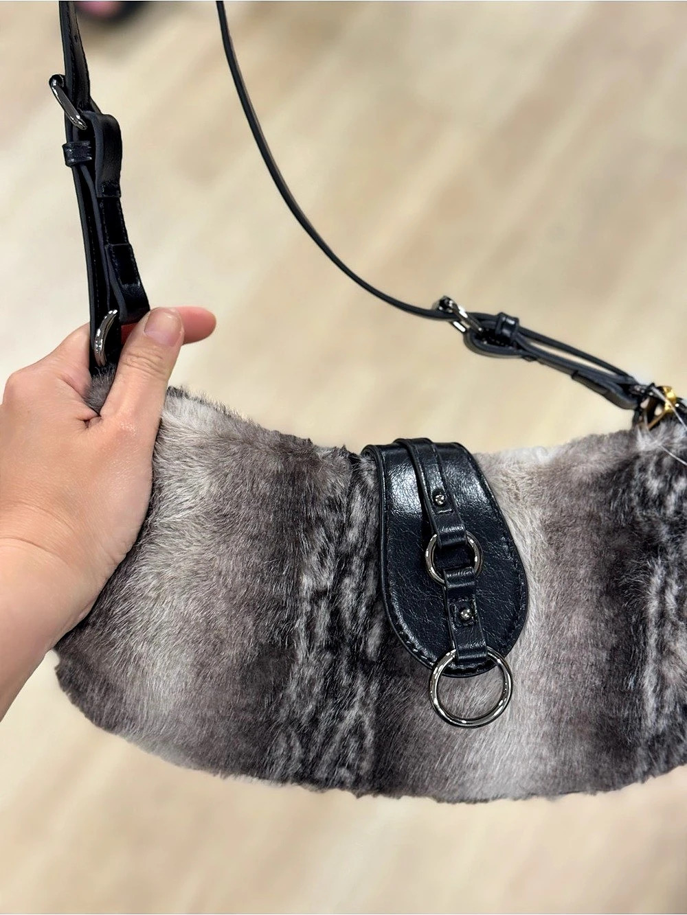 Steve Madden Faux Fur Shoulder Bag in Gray & Black NWT